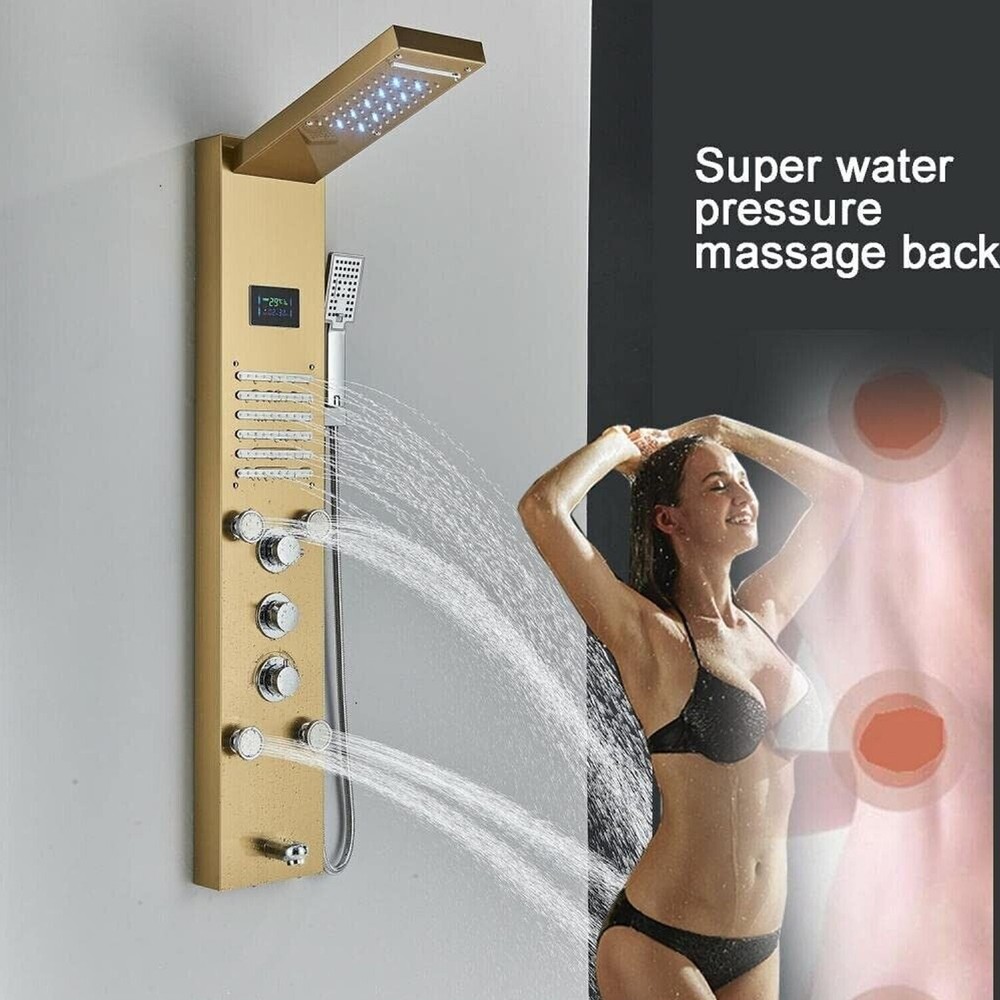 LED Shower Panel Tower System Rainfall Waterfall Massage Jet Spraye Brushed Gold