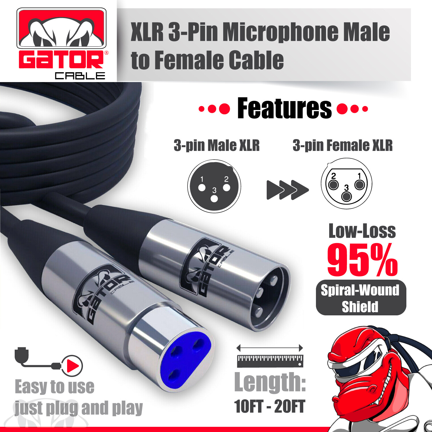 XLR Microphone MIC 3-Pin Male to Female Cable Cord Connector Extension Shielded