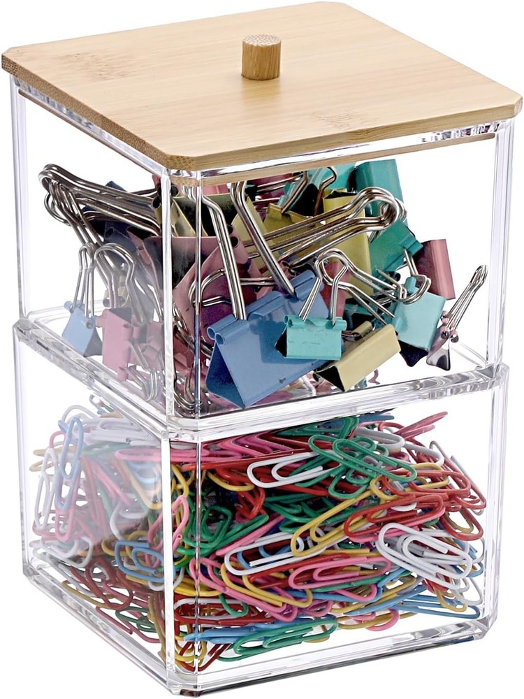Compact Stackable Paper Clip Box with Natural Bamboo Lid - Office Essential