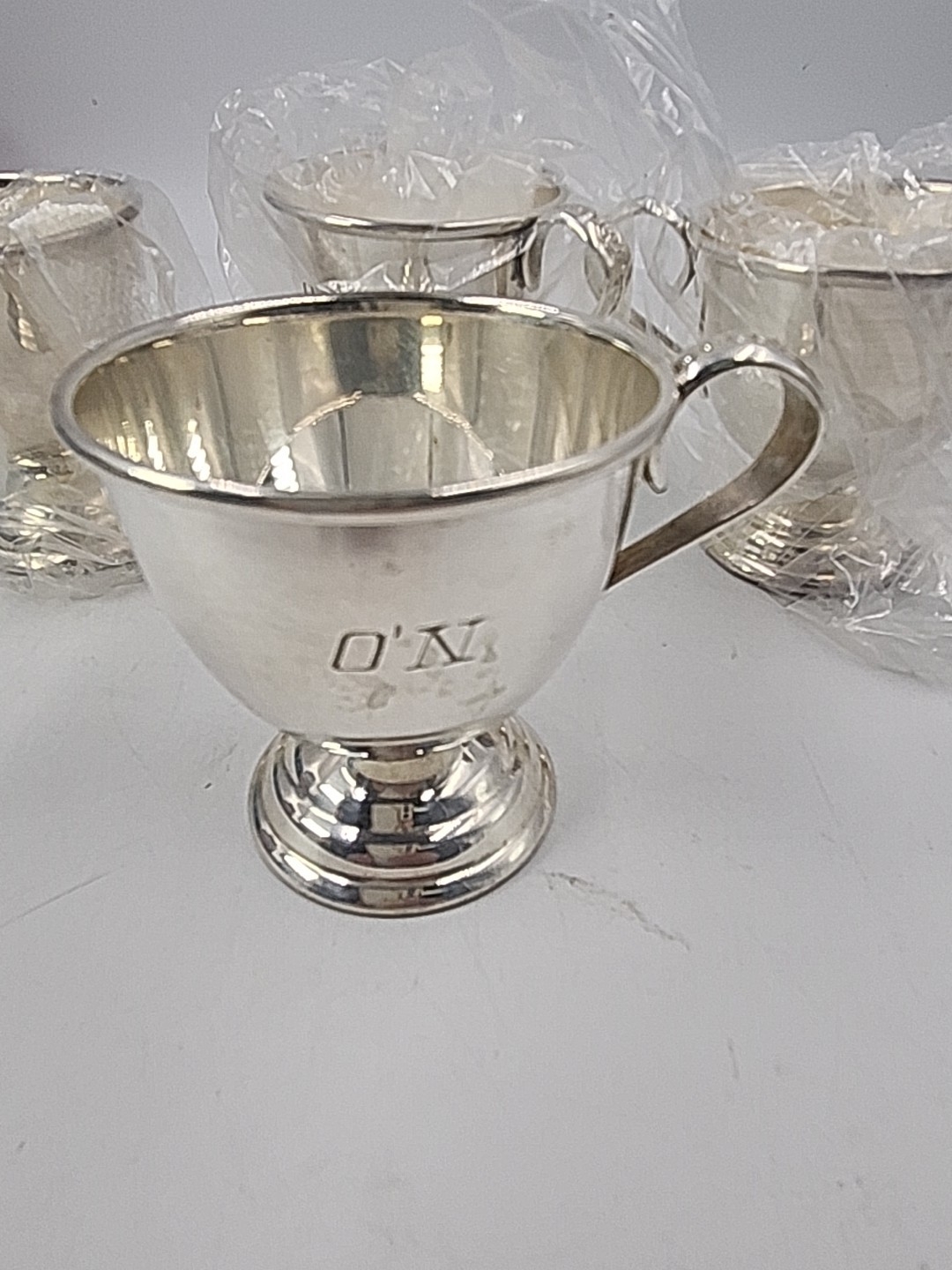 Lot of 4 Vintage Nickel Silver Footed Tea Cup Silverplate Barware MONOGRAMED