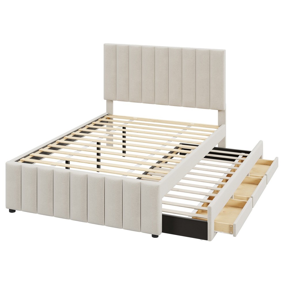 Full Size Bed Frame Upholstered Platform Bed w/ Pull Out Trundle & 3 Drawers