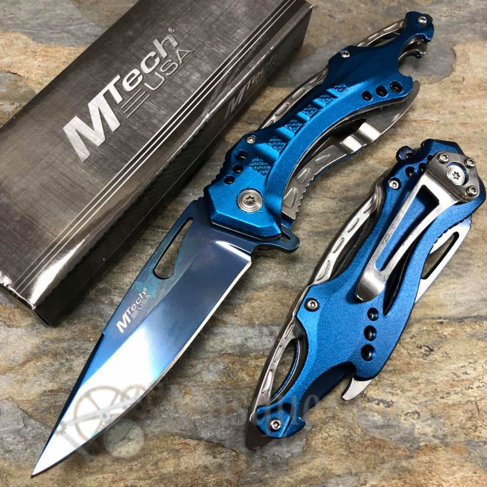 MTech Plain Blade Tactical Hunting Spring Assisted Pocketknife [Blue/Silver]