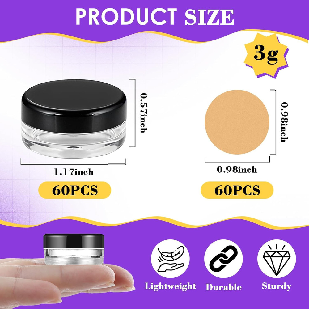 60 pcs 3 Gram Round Small Sample Containers with Lids Clear Plastic Mini Sample