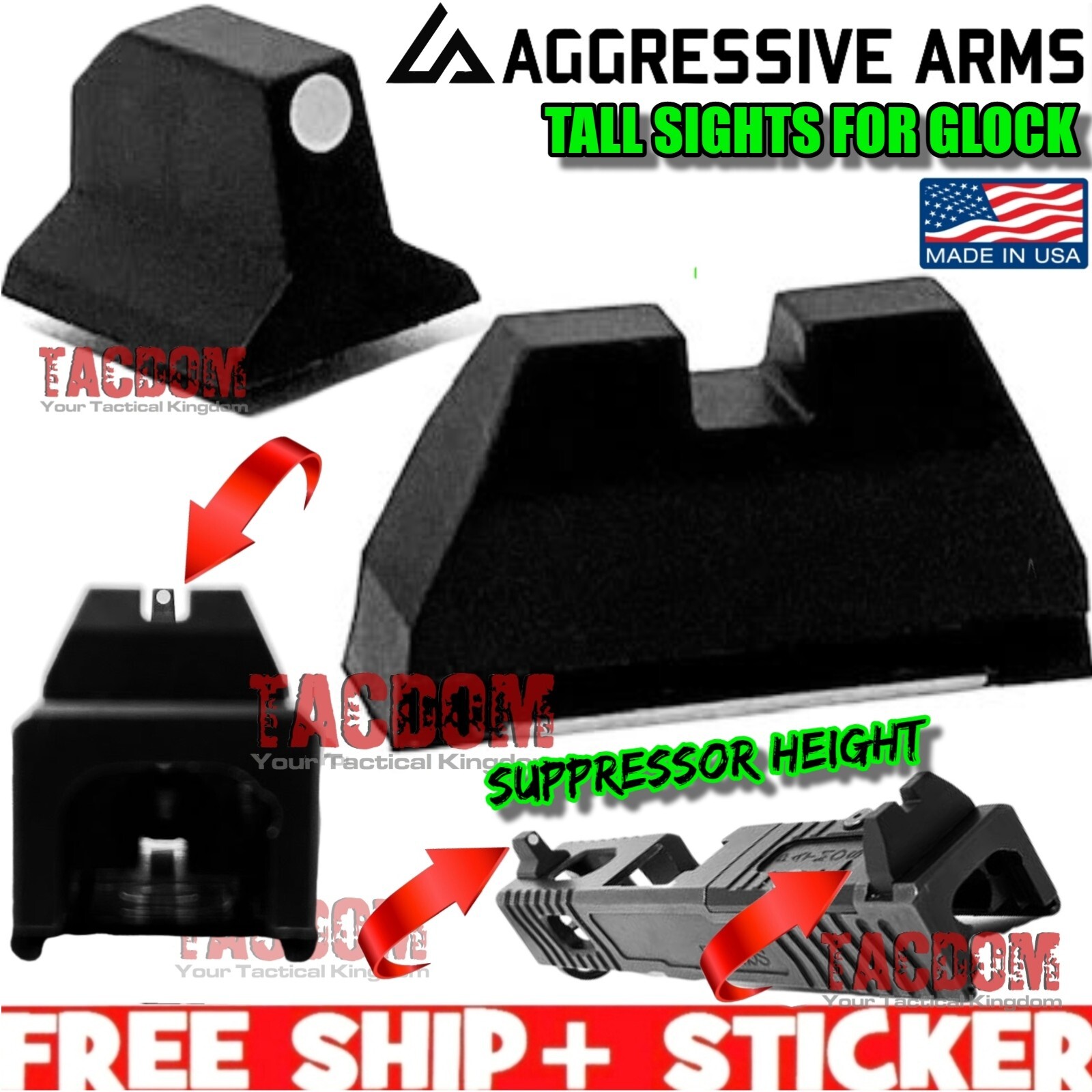 AGGRESSIVE ARMS Suppressor TALL Height Sights for Glok Poly White Dot CO-WITNESS