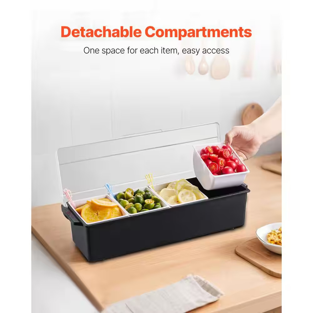 Chilled Condiment Server, 4 Compartment Ice Cooled Condiment Serving Container,