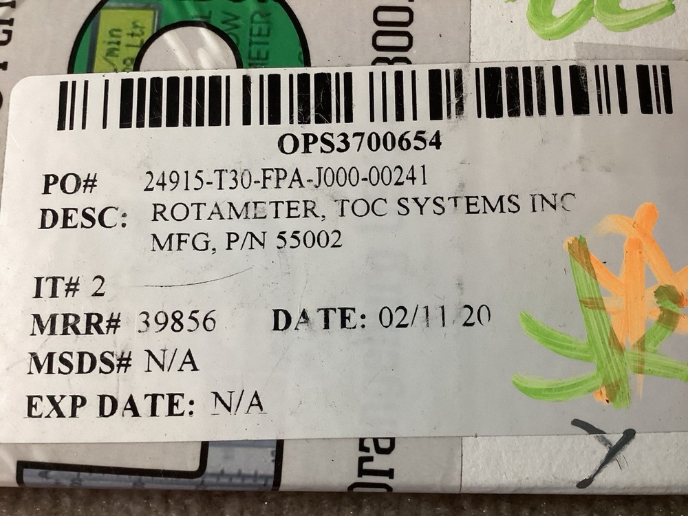 Rotameter TOC Systems OPS3700654 65394 Flow Meter