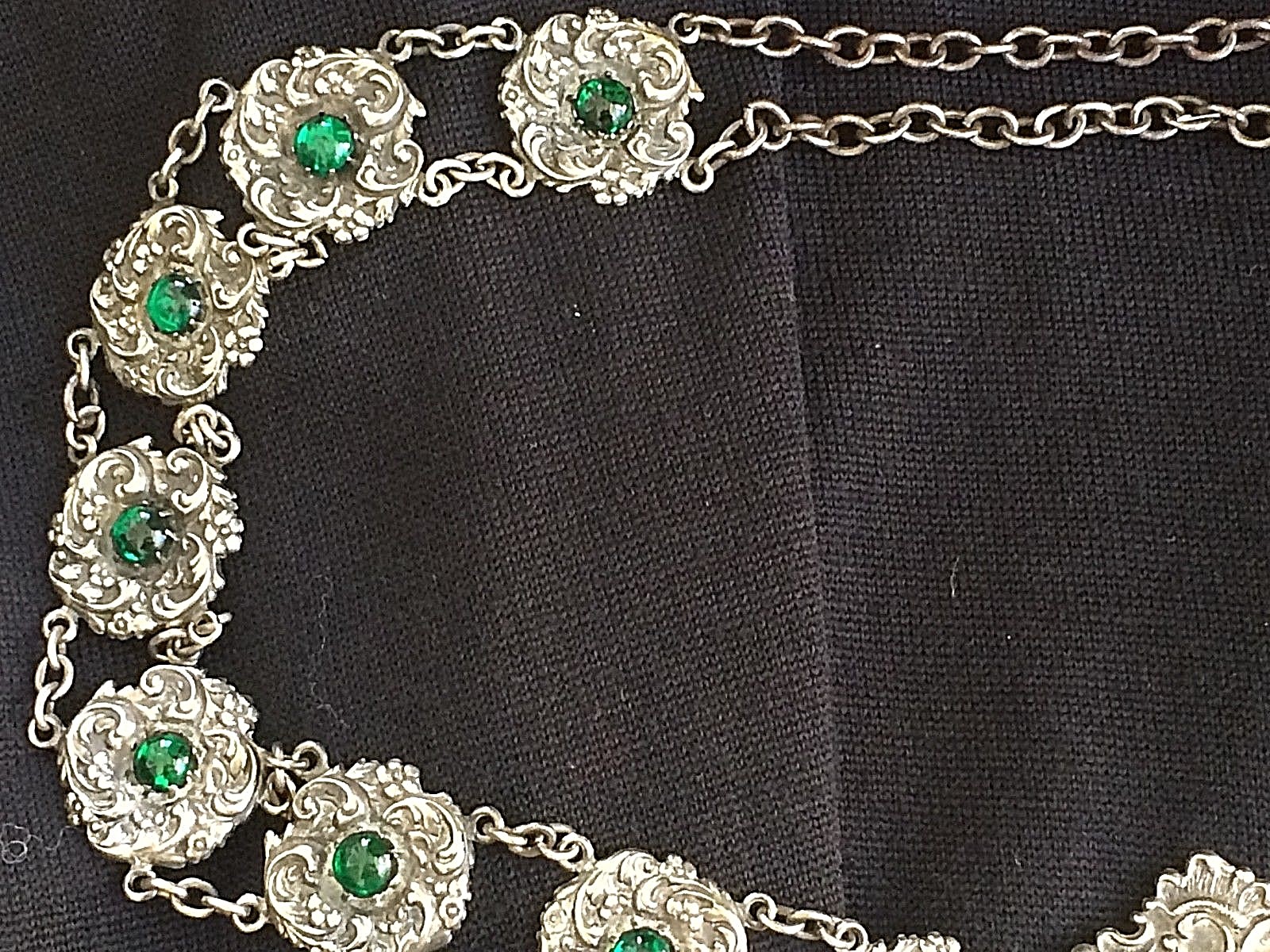 Antique Art Nouveau Victorian Belt SilverPlate Embossed Emerald Glass Stones 30"