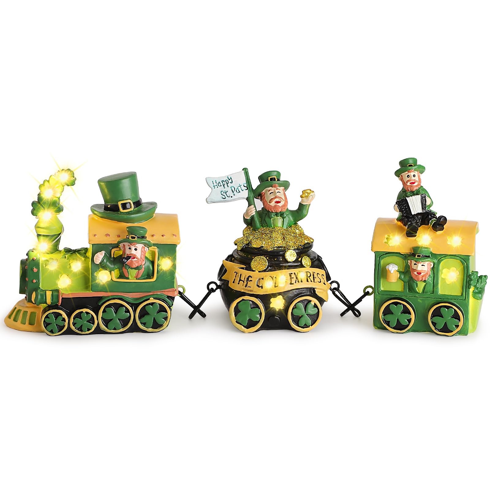 St Patricks Day Decorations Train for Home, Lighted Leprechaun Figurine Train...