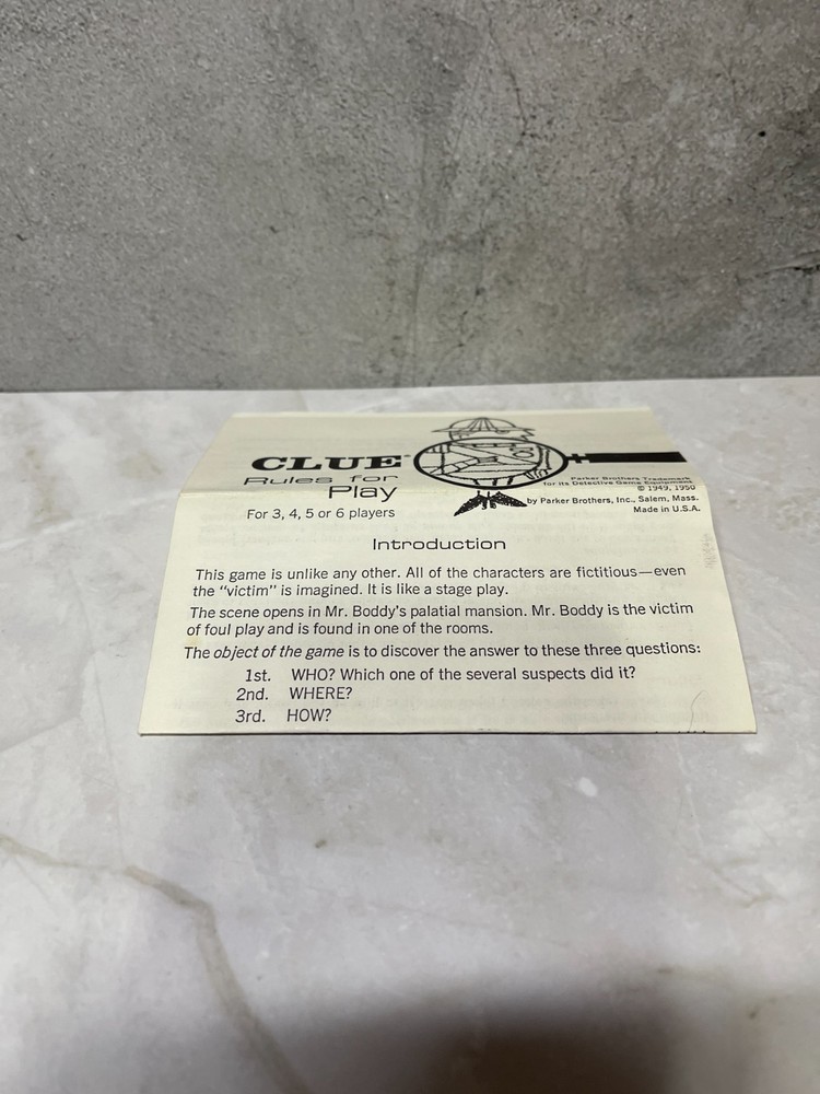 1963 Clue Detective Game - Replacement Instructions