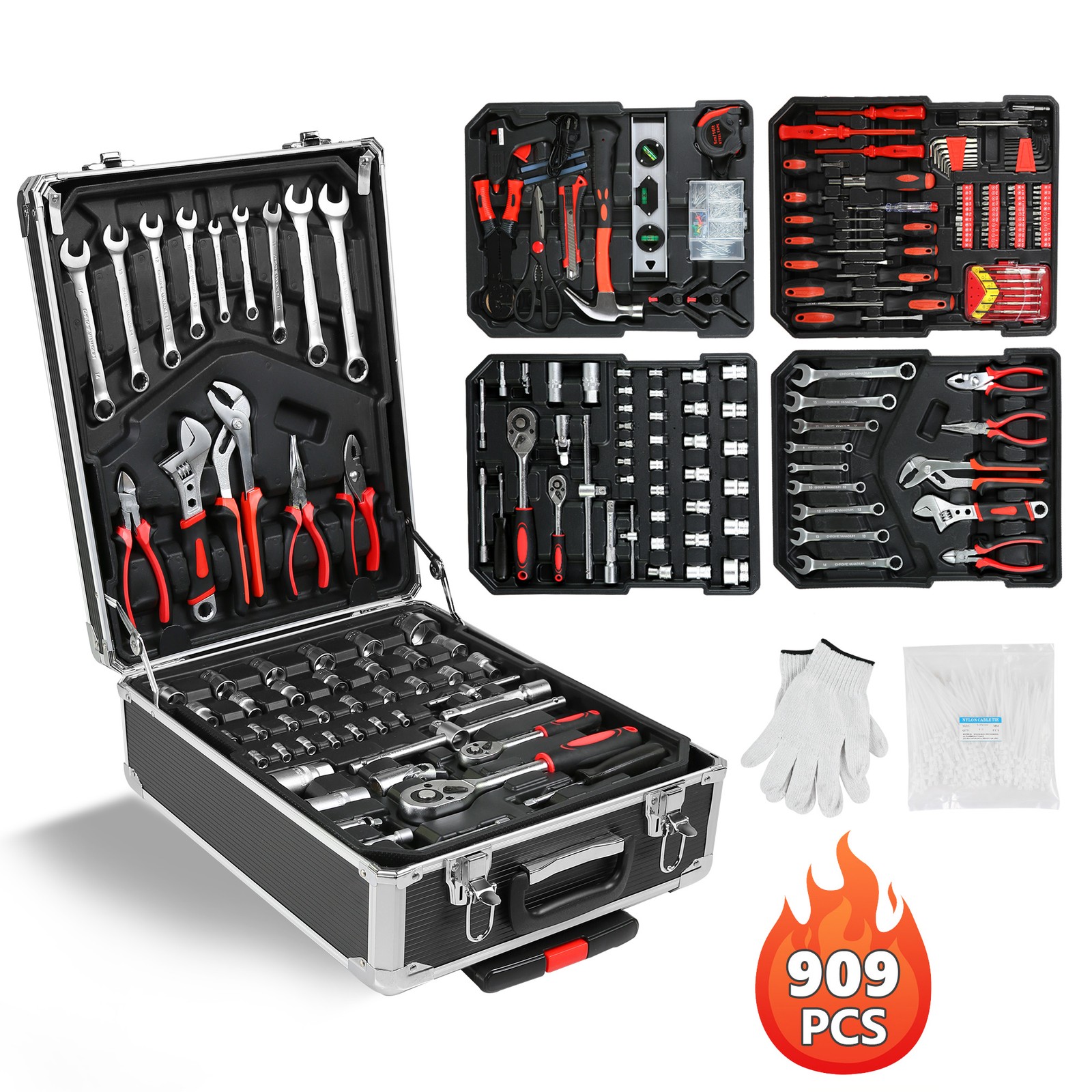 909 Piece Mechanics Tool Set Metric Socket Wrench Set Repair Tool Kit with Case