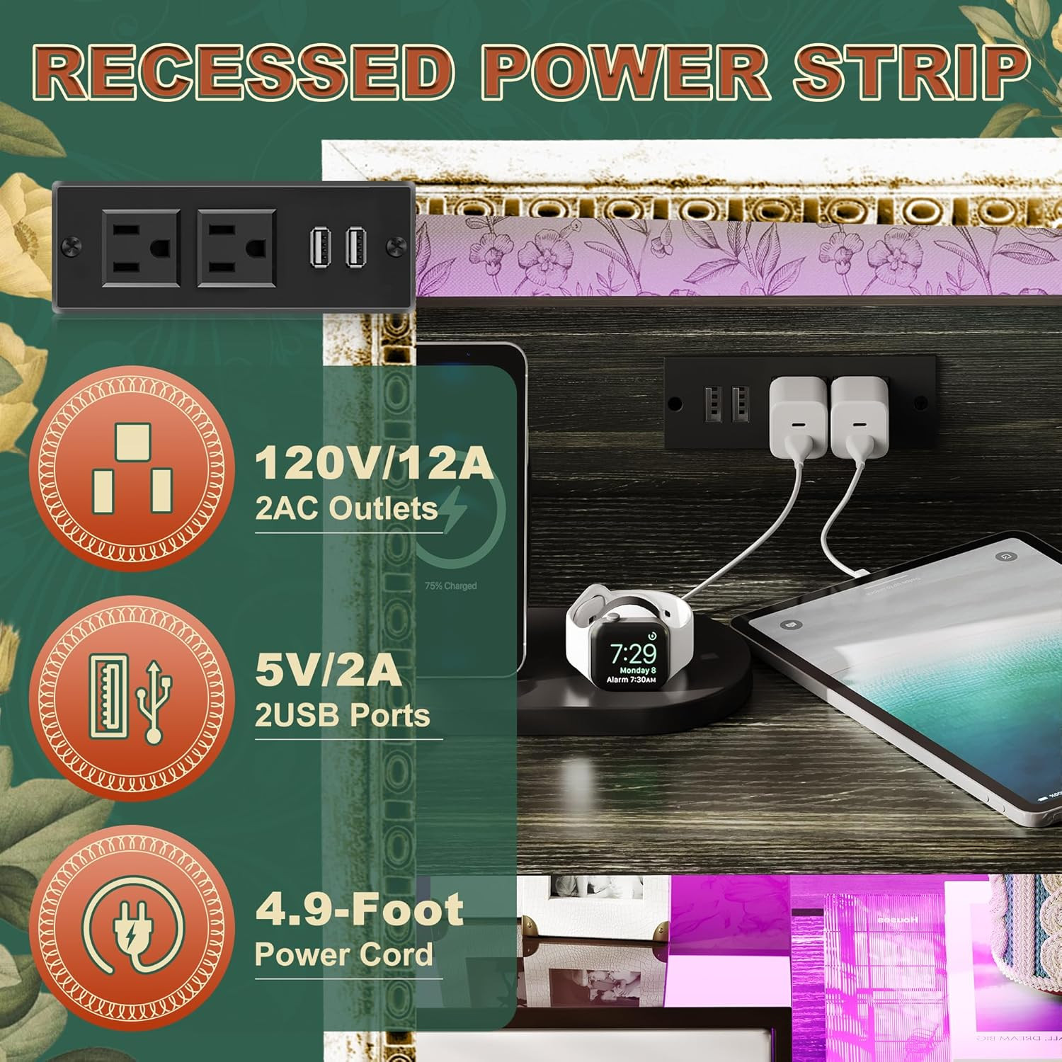 Nightstand 5 Drawer Dresser with LED Lights and Charging Station, Vertical Side