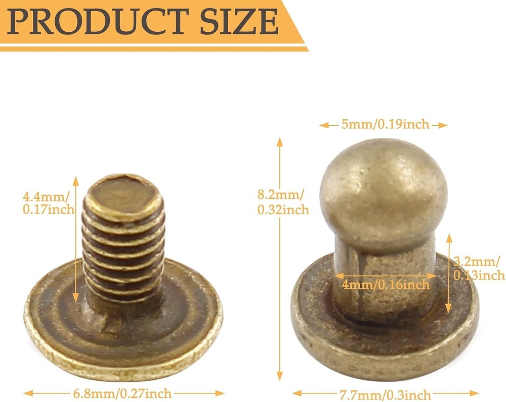 100Set 5mm Round Head Button Studs Solid Button Stud Screw Leather Button Riv...