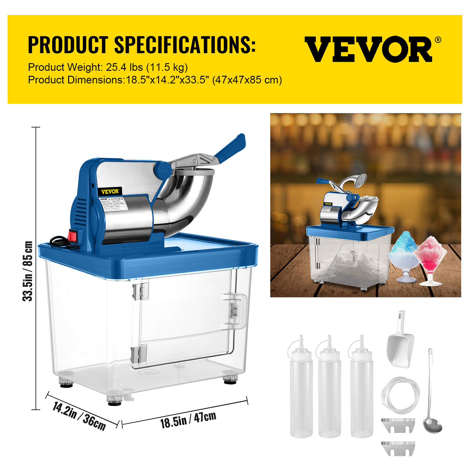 VEVOR 400LBS/H Commercial Snow Cone Machine Electric Ice Shaver Ice Crusher Blue