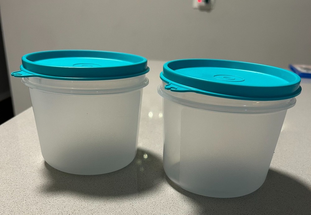 Tupperware set of two round countainers with teal lids