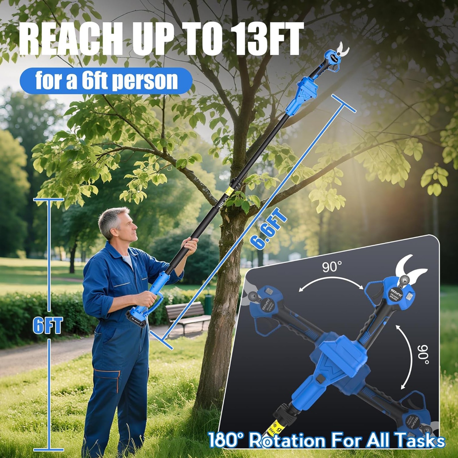 2-IN-1 Electric Pole Pruning Shears Cordless 13ft Reach Trimming Pruner 2x4.0Ah