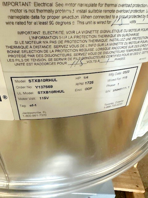 "S&P STXB10RHUL" H.D COMMERCIAL 115V,1PH VENTILATION ROOFTOP EXHAUST/UPBLAST FAN