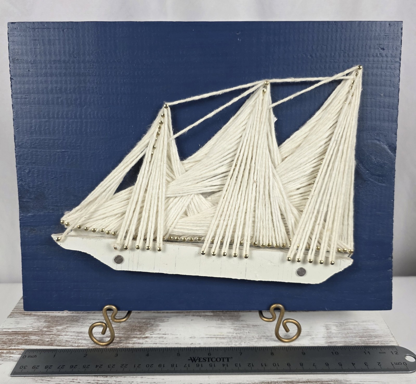 Vintage Handmade String Art Ship/Boat On Wooden Blue Plaque Nautical Decor