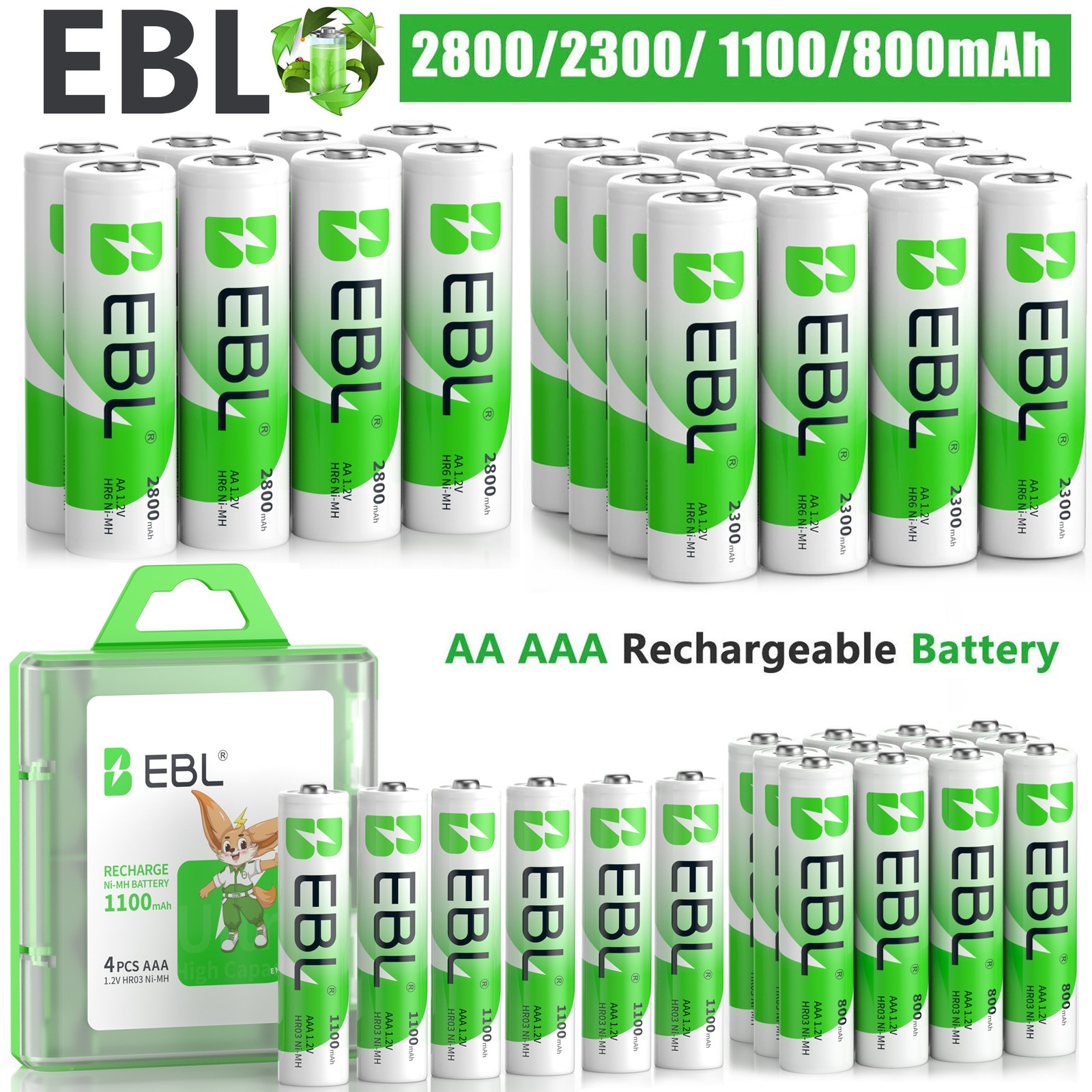 EBL Lot AA AAA Rechargeable Batteries 2800mAh 2300mAh 1100mAh 800mAh NI-MH + Box