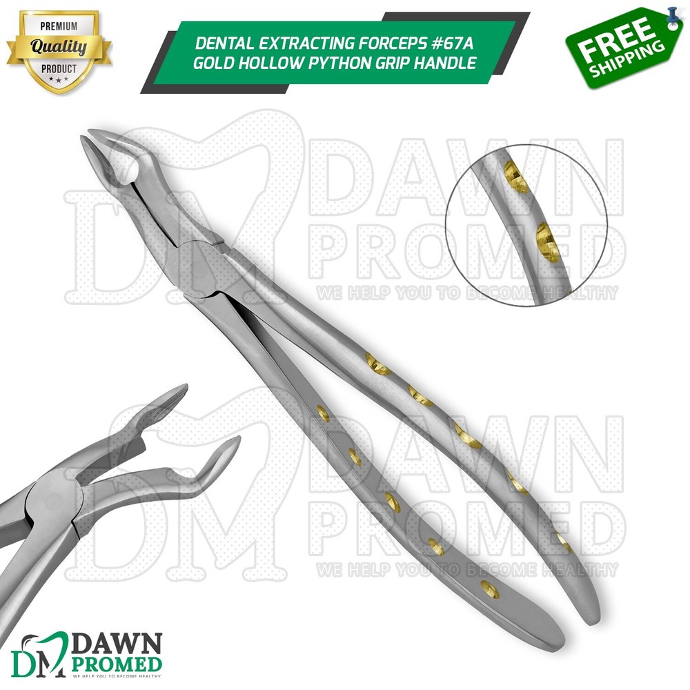 Dental Extracting Forceps #67A Gold Hollow Python Grip Handle German Grade