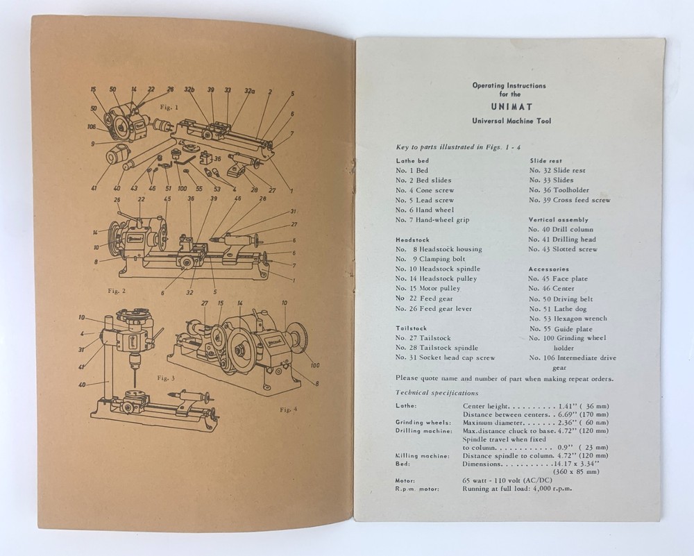Original operating instruction Unimat universal machine tool (small book).