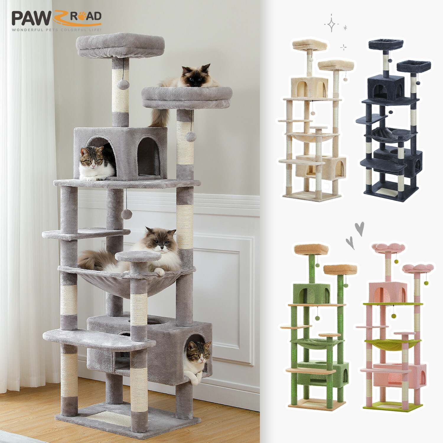 PAWZ Road Cat Tree Tower Scratching Post Scratcher Condo Bed 72.4"/64.5"/53.5"