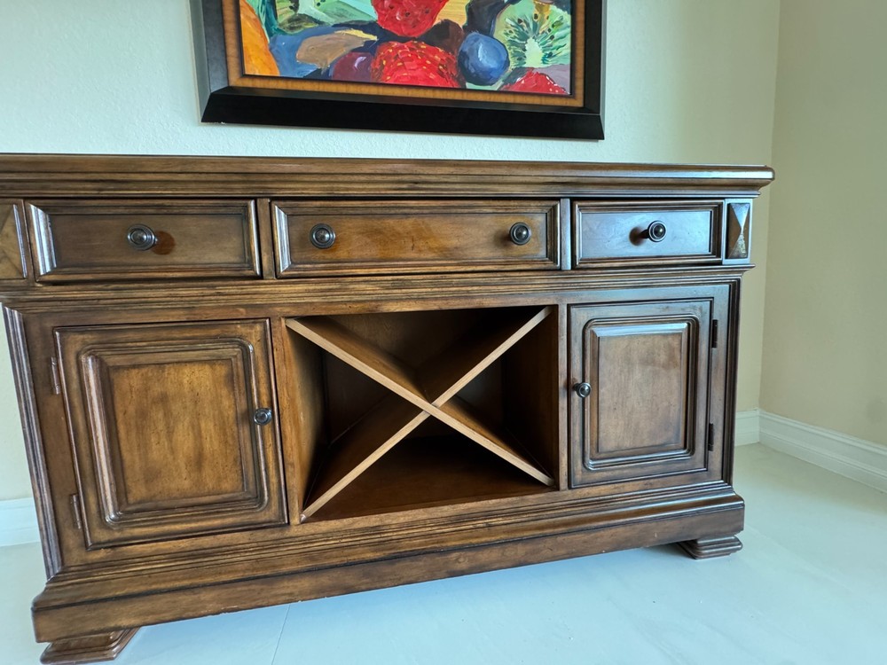 Antique Solid Wood Sideboard Buffet with Wine Rack & Granite Top
