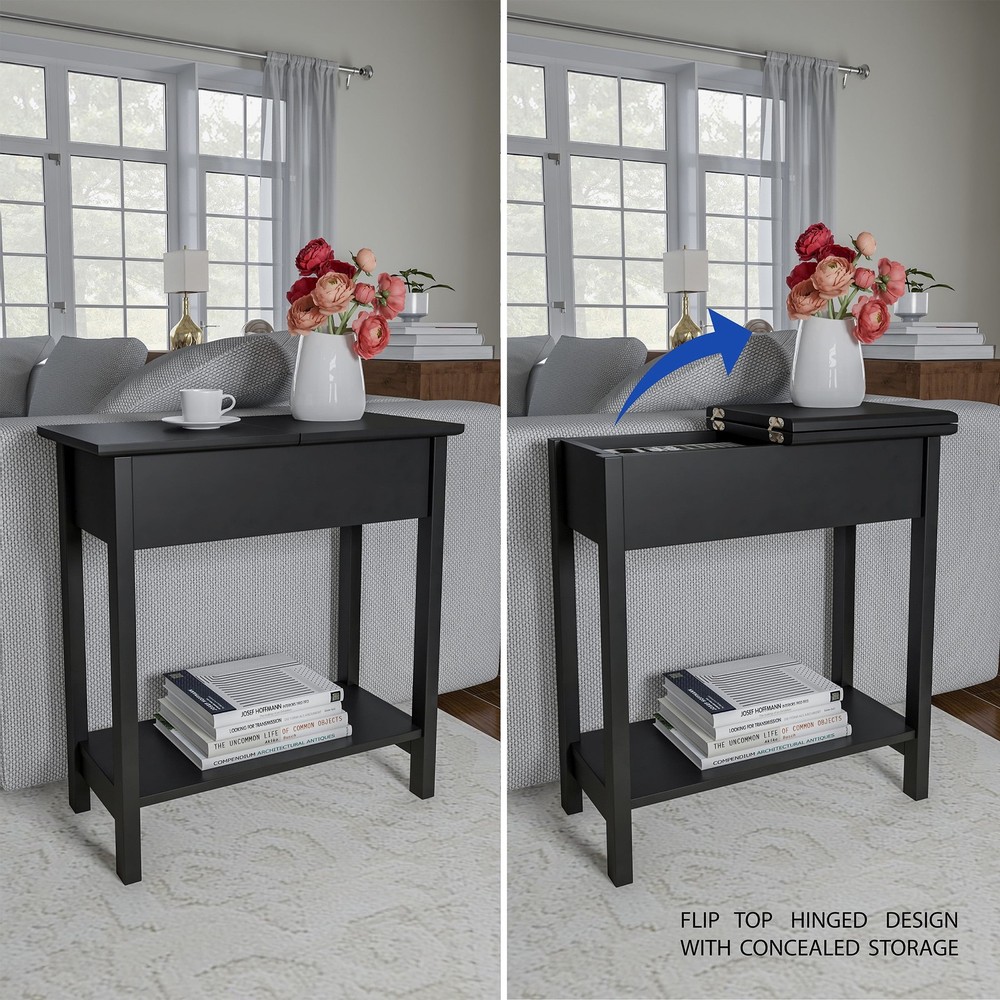 Narrow End Table W/ Storage Compartment & Shelf Black)