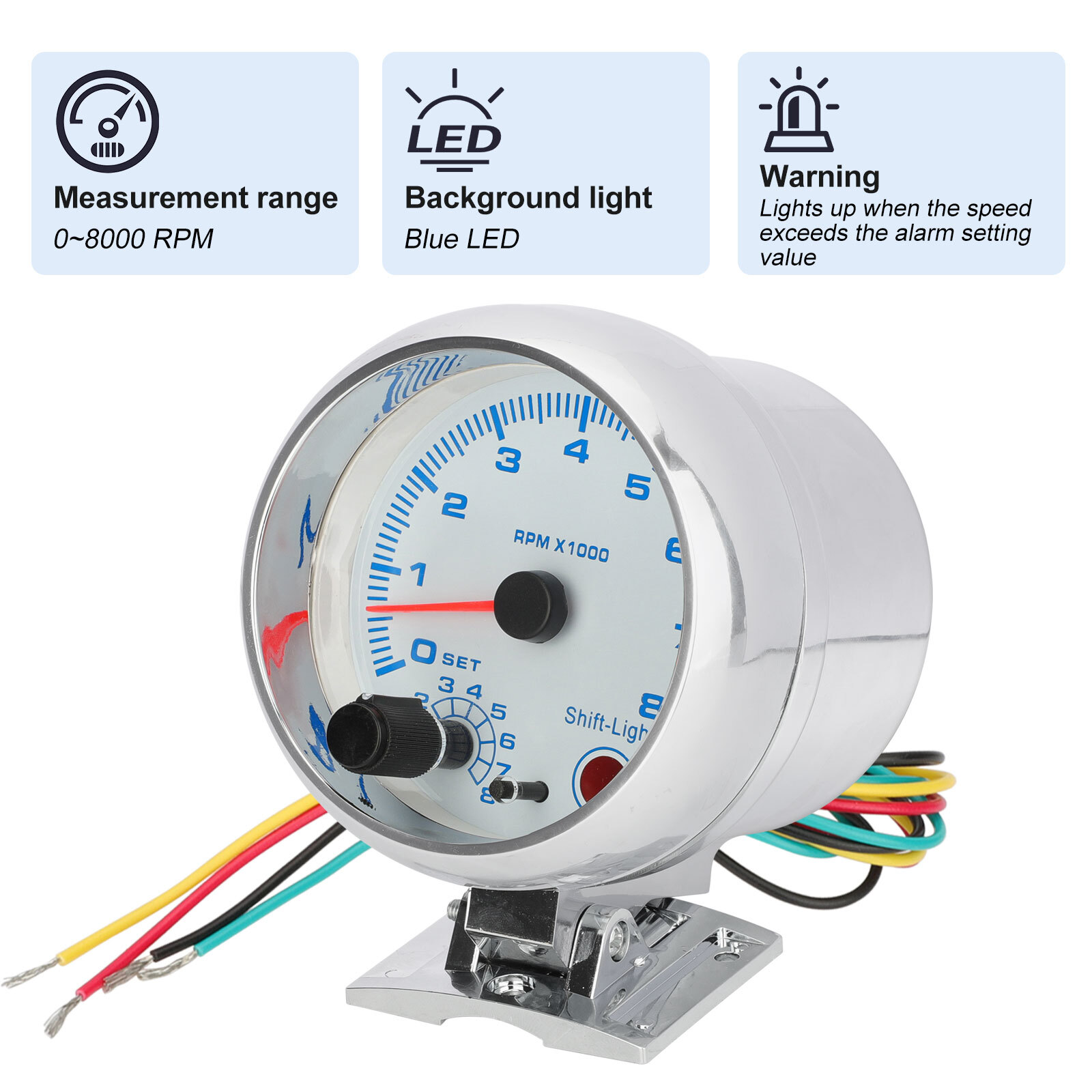 3.75'' 12V Car Tachometer Gauge Meter LED Inter Shift Light 0-8000 RPM Universal