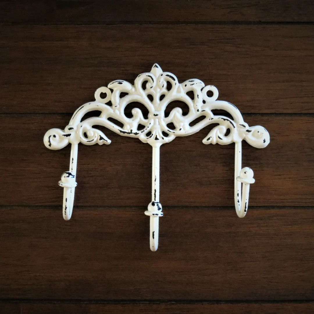 White Scroll Triple Cast Iron Wall Hook Coat Hat Towel Hanging Heavy Duty