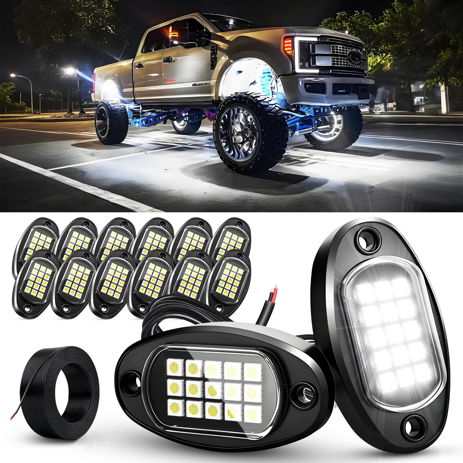 12 Pods Pure White LED Rock Lights, Waterproof Underglow Under Car Truck Lights
