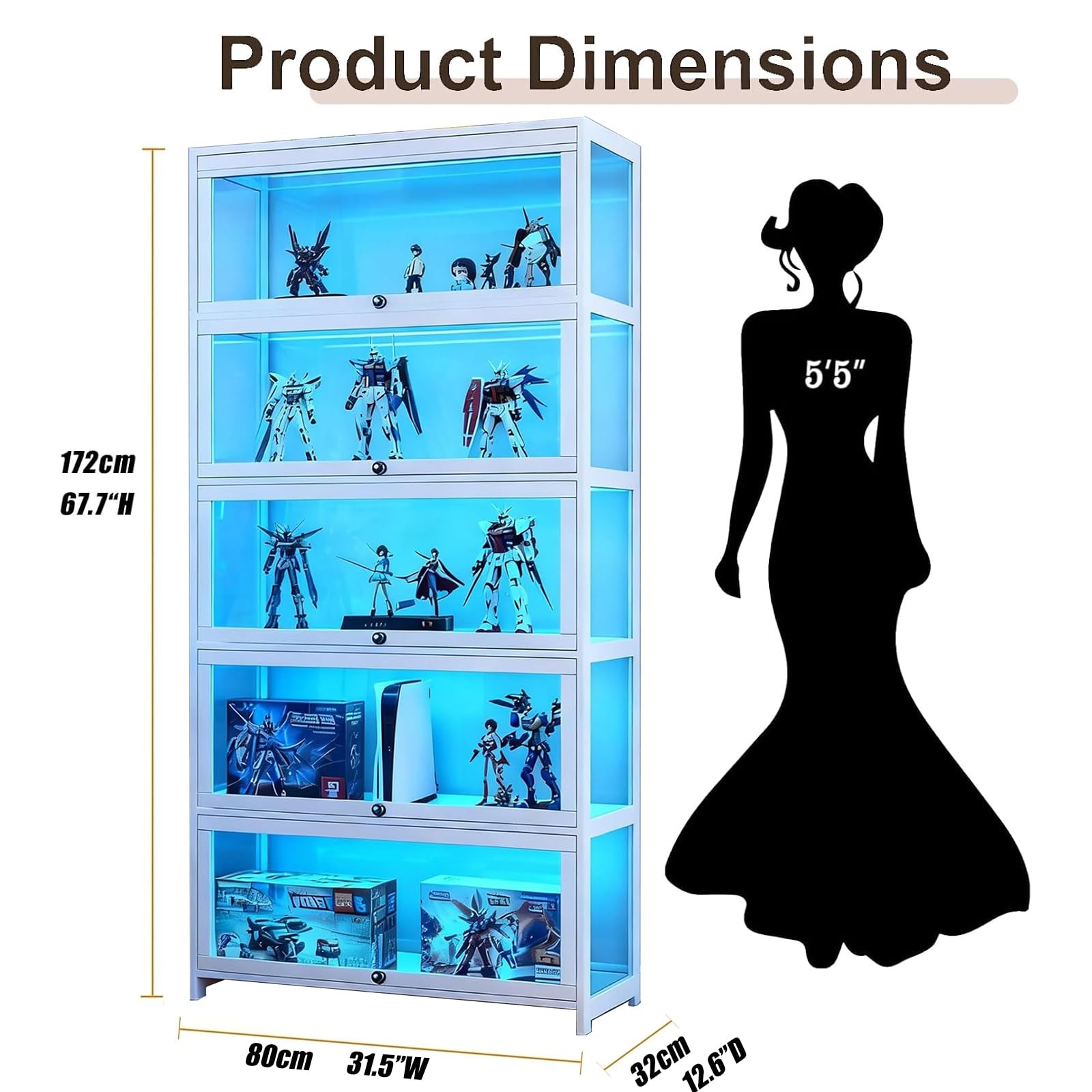 5 Tier Curio Display Cabinet Acrylic Glass Door for Collectibles Toys
