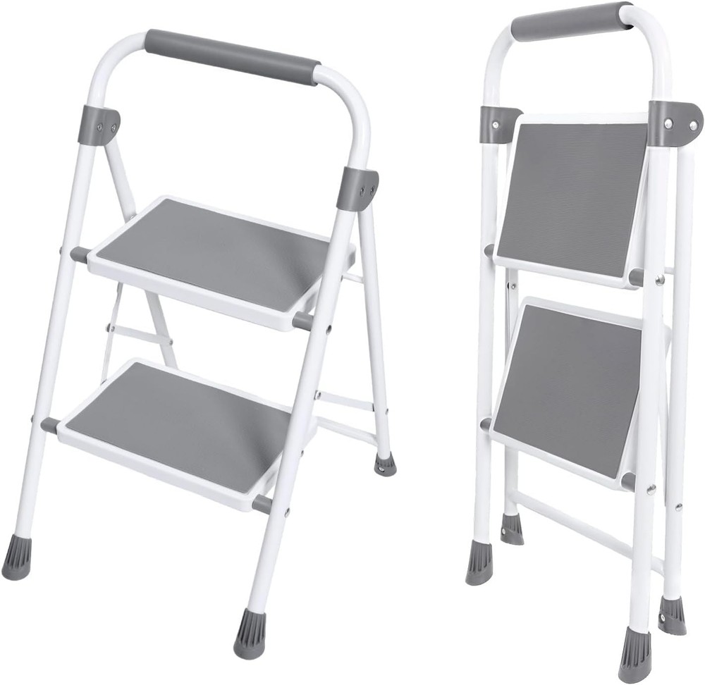 2 Step Ladder, Portable Stool with Wide Non-Slip Pedal Foldable Step Stool Gray