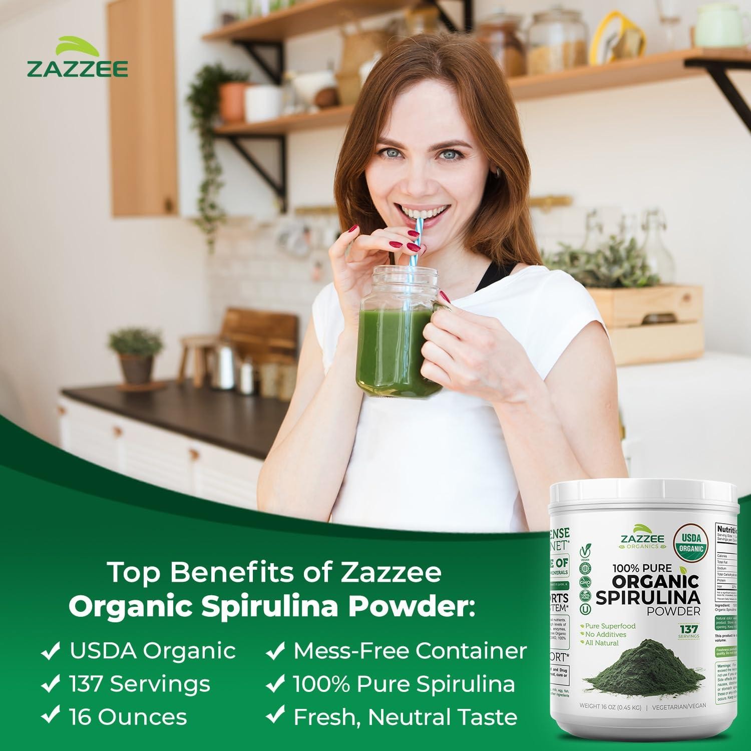 Zazzee USDA Organic Spirulina Powder, 16 Ounces (1 LB), 137 Servings, Kosher