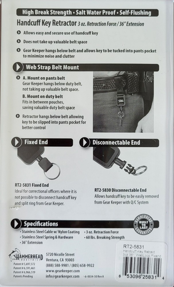 Gearkeeper Handcuff Key Retractor - RT2-5831 - Mini - Fixed End
