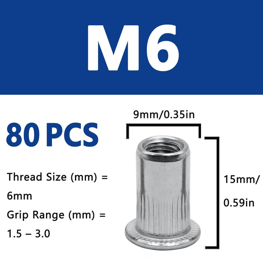 80Pcs M6 Rivet Nuts, Stainless Steel Flat Head Threaded Insert Nutserts