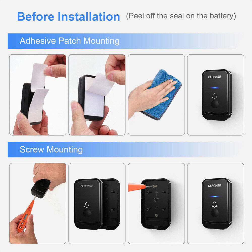 Wireless Doorbell Chime Waterproof Plugin Receiver Adjustable Volume 1000FT Kit