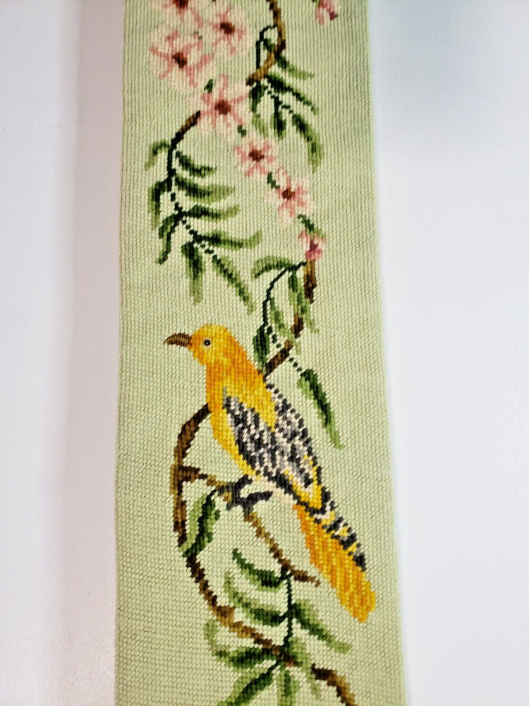 BEAUTIFUL VINTAGE NEEDLEPOINT BELL PULL W/BIRDS AND BRASS HARDWARE