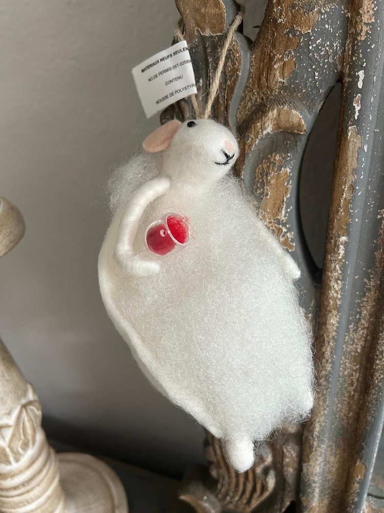 West Elm Pottery Barn White Mouse Drinking Felt Ornament