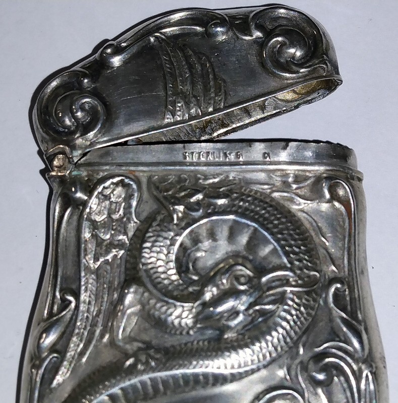 Antique Vintage Sterling Winged Cockatrice Dragon Vesta Match Safe WB3-Vesta-1