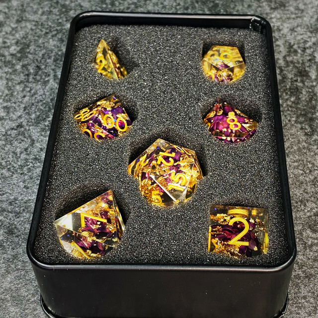 Sage’s Enchanted Flower Purple Sharp Edge Resin Polyhedral Dice Set DnD