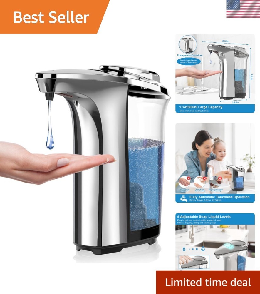 Sleek Silver Automatic Touchless Dish Soap Dispenser, 5 Levels, 500ml