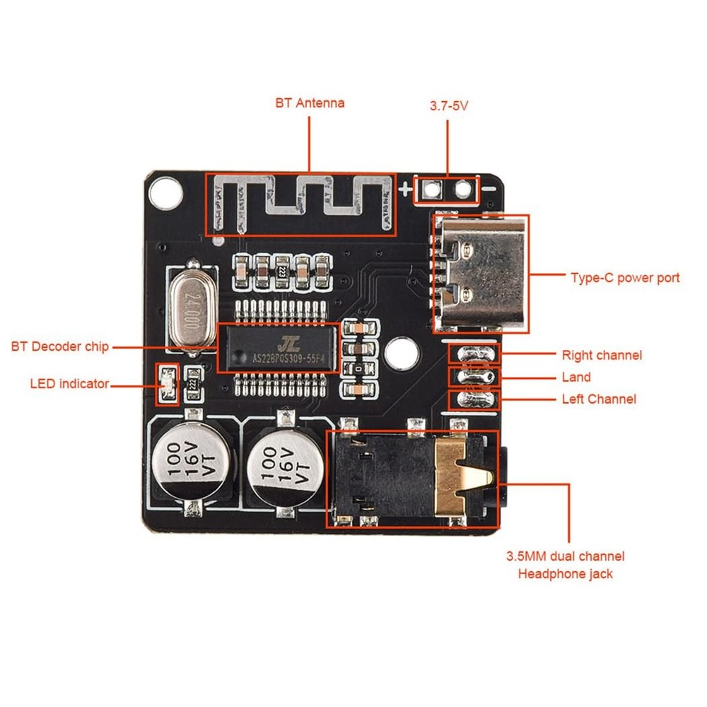HiLetgo 5pcs Bluetooth 5.0 Mp3 Lossless Decoder Board VHM-314 USB-C Audio Blueto