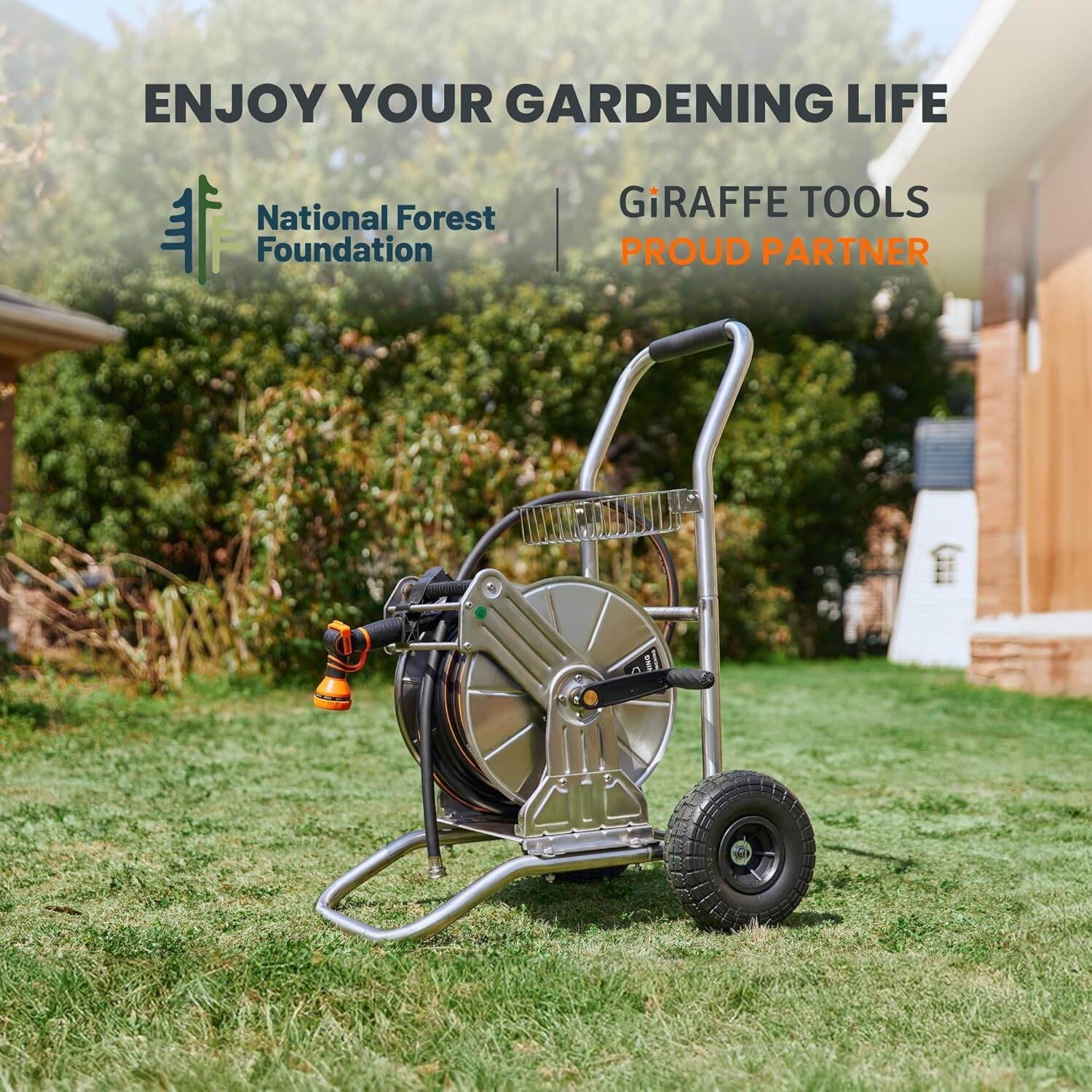 Giraffe Tools Stainless Steel Garden Hose Reel Cart 200ft