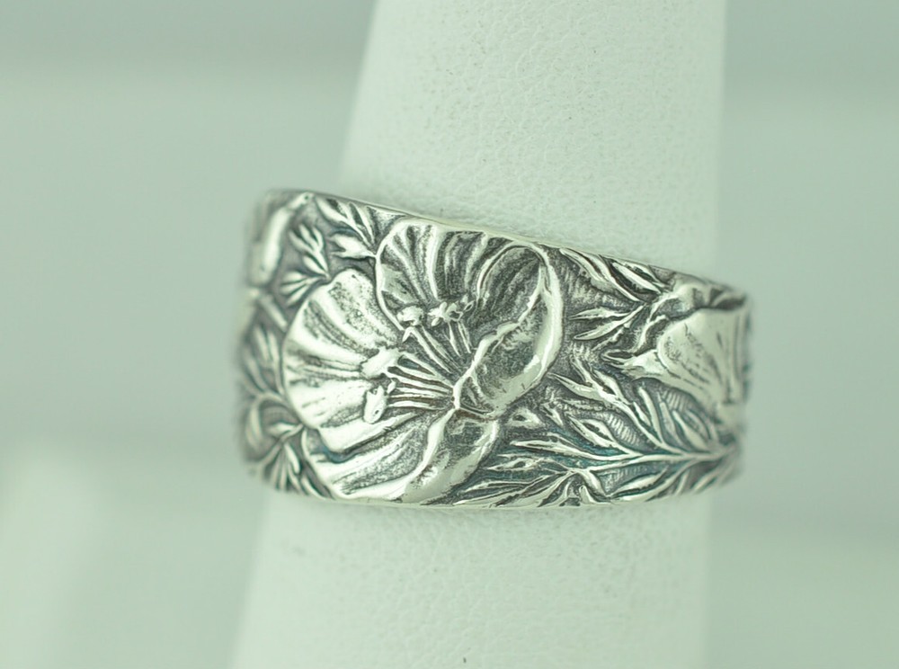 Solid 925 Sterling Silver Poppy Flower Floral Adjustable Spoon Ring