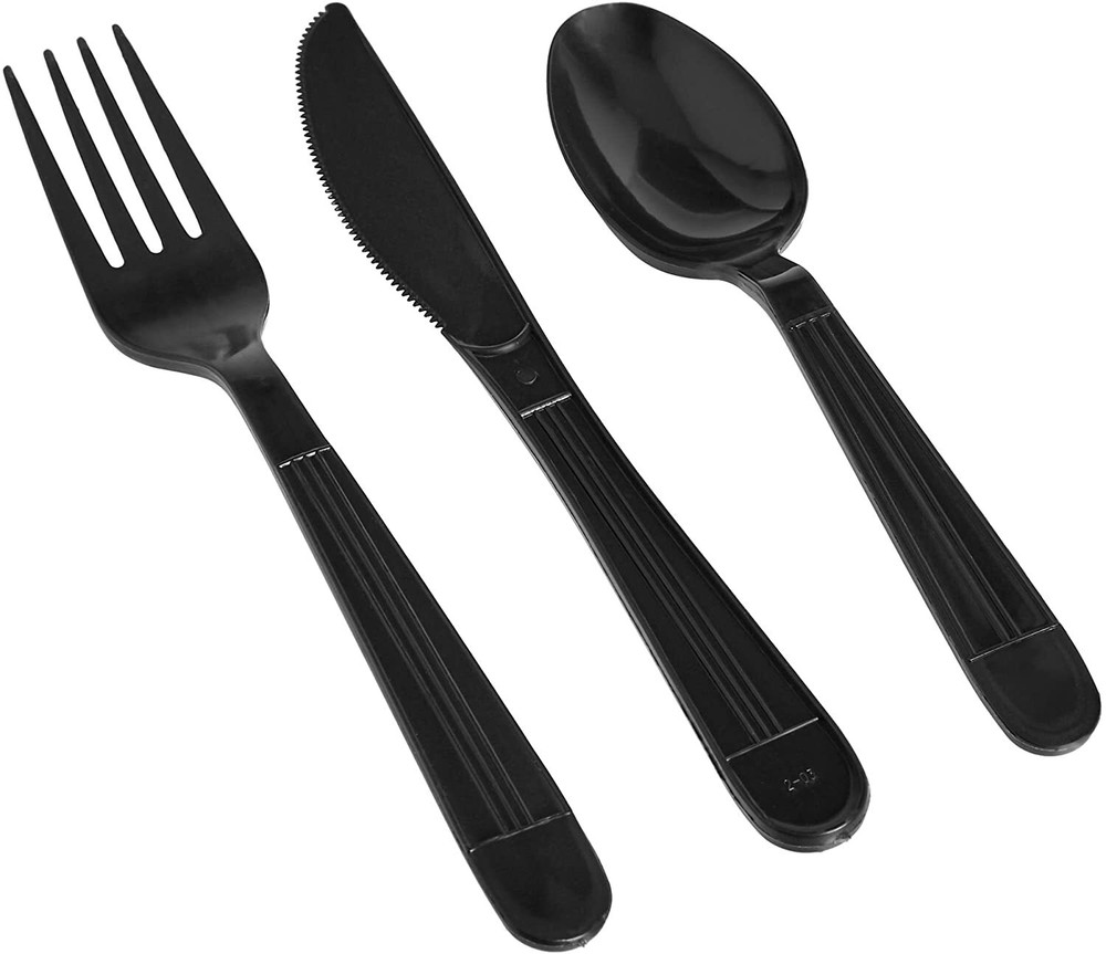 Individually Wrapped Black Heavy Weight Plastic Fork X2 + Spoon + Knife Set
