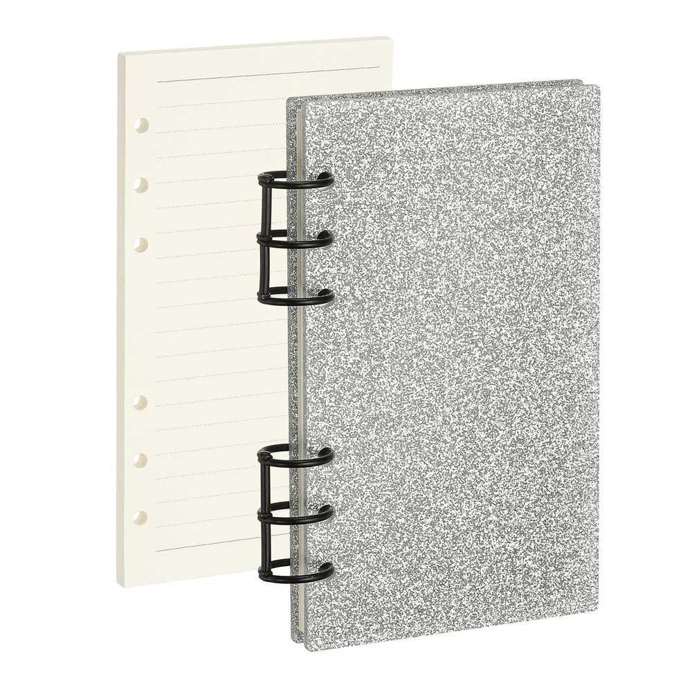 A6 Glitter 6 Ring Binder Notebook Cover, Black Rings with Lined Paper, Silver
