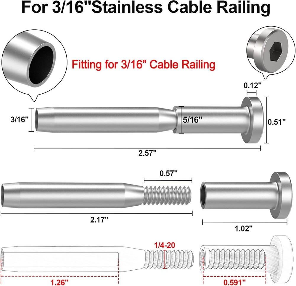 20 Pack Invisible Receiver and Swage Stud End Fit 3/16‘’Cable Railing Deck Stair