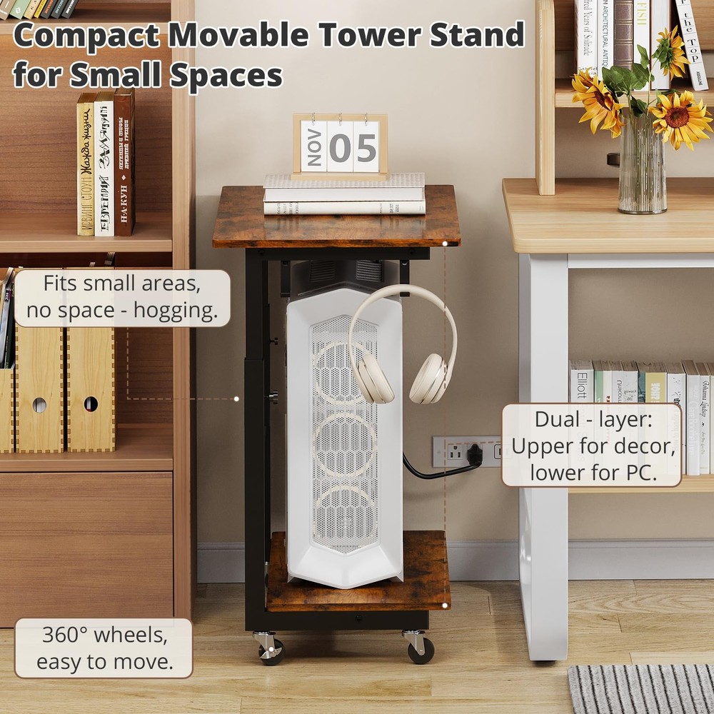 2-Tier Computer Tower Stand with Power Outlet, Height Adjustable PC Tower Sta...