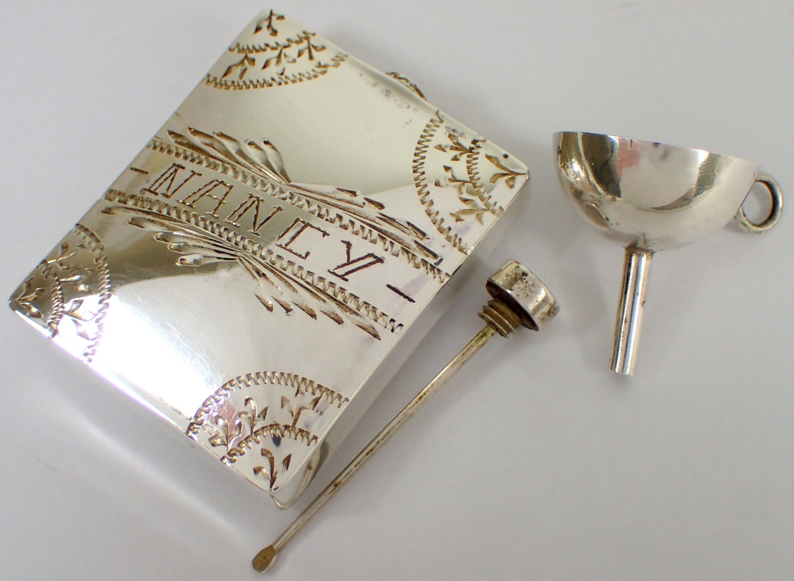 Vtg Mexican Sterling Monterrey Etched NANCY Perfume Scent Bottle Flask w Funnel