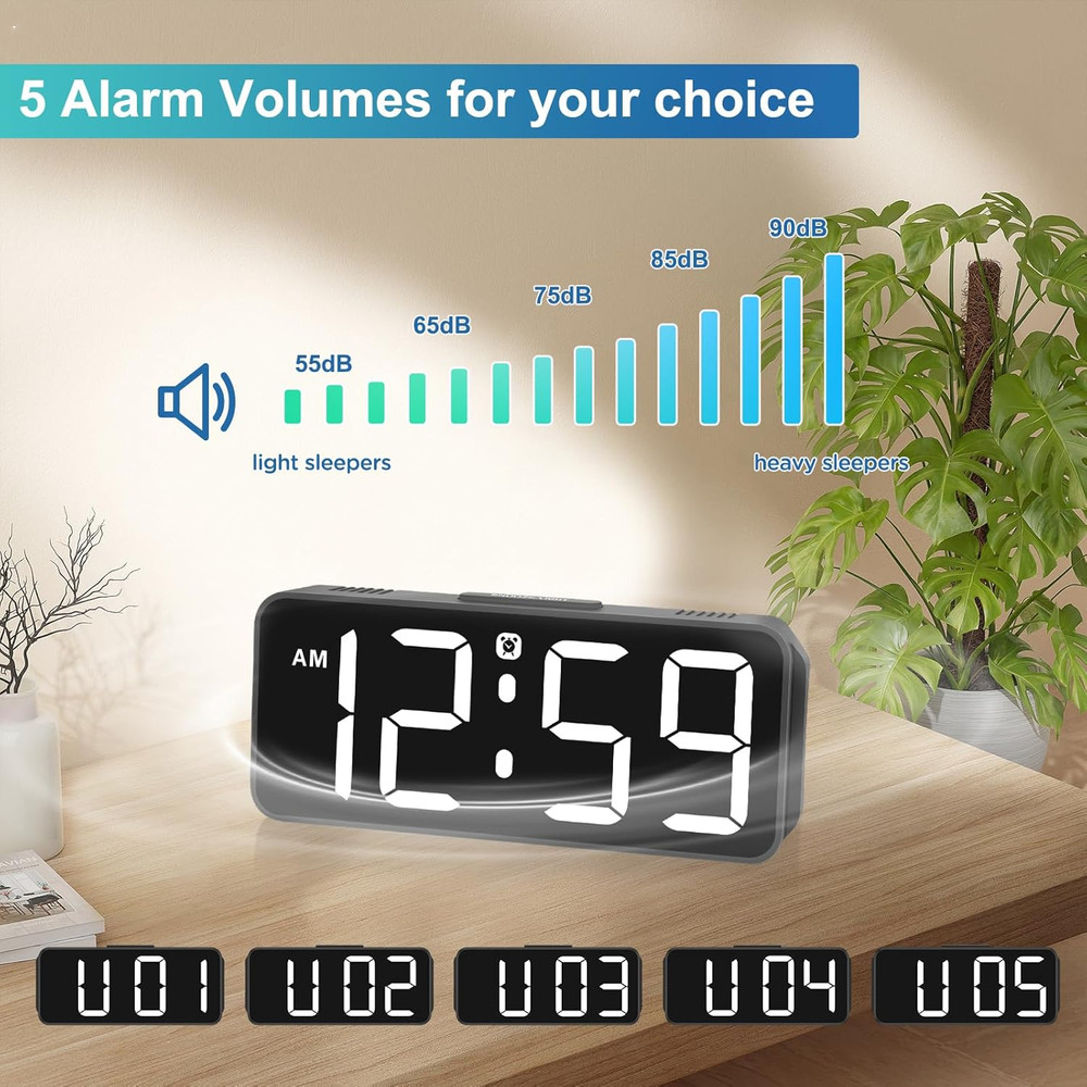 Digital Alarm Clock Plug In with Big Numbers Battery Backup White